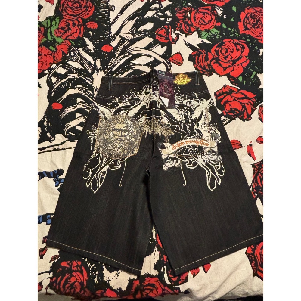 Attitude Gold Mens Divine Revelation Denim Shorts Black Graphic Y2K Size 34 NWT